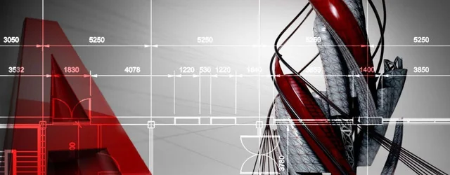 Ilustración de planos de AutoCAD con una torre en 3D en rojo y gris, para el artículo sobre Autodesk para estudiantes