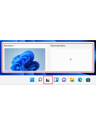 Vista de tareas de Windows 11 con Escritorio 1 y el botón Nuevo escritorio