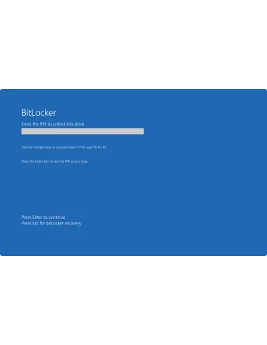 Windows 11 Pro: Pantalla azul de BitLocker que pide el PIN para desbloquear la unidad al arrancar el PC