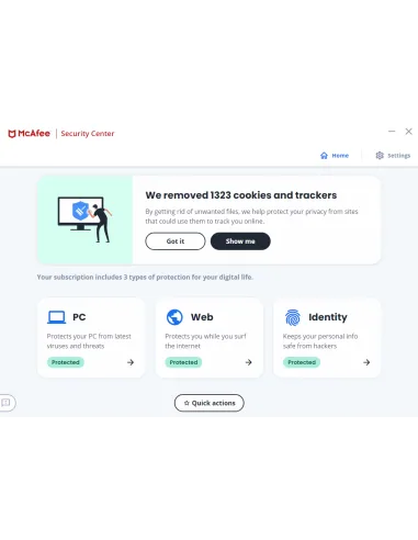 Mcafee Livesafe: panel con protección de PC, Web e Identidad y acciones rápidas
