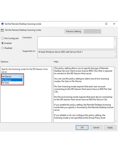Windows Server 2025 Remote Desktop Services (RDS) - 50 User CAL: Directiva de grupo del modo de licencias de Escritorio remot